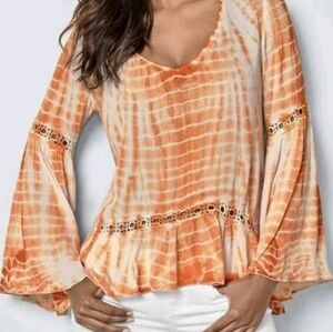 VENUS Orange & White Tie Dye Boho Peplum Blouse with Crochet Lace